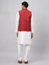 Vastramay Men's Maroon Matka Silk Nehru Jacket With White Silk Blend Kurta Pyjama Set